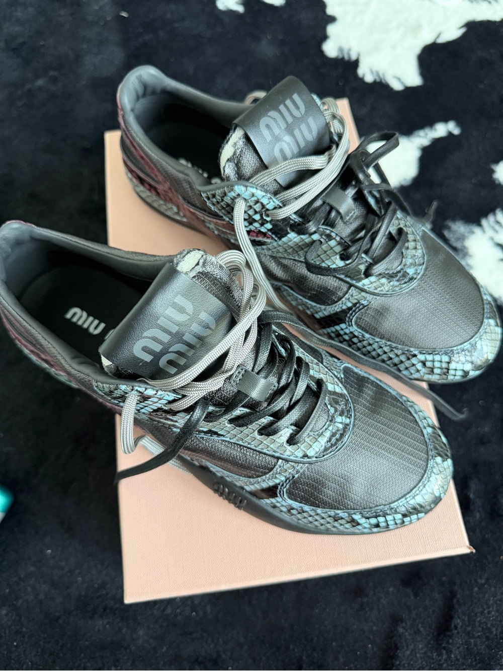 Miu Miu Black Sneakers with Teal and Pink Snake-Print Accents